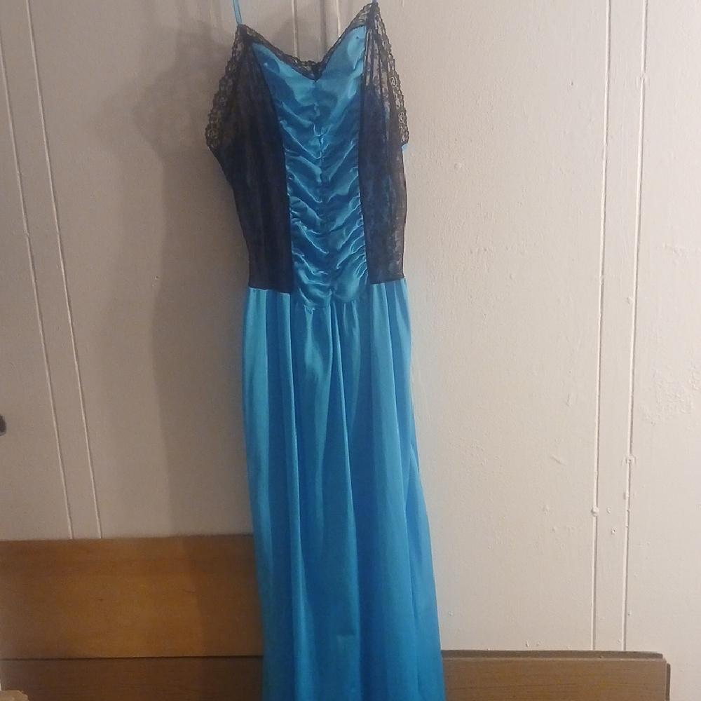 Vintage Lingerie Nightgown Black Lace Blue/Turquoise Satin S/M